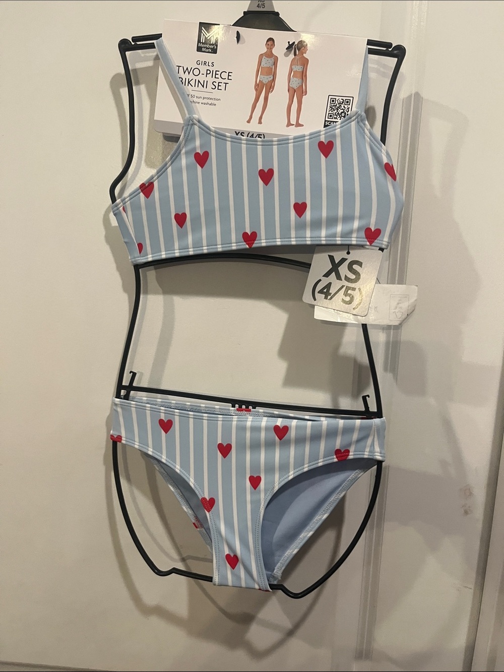 Girls Light Blue Stripe Bikini Set with Red Hearts - XS (4/5)